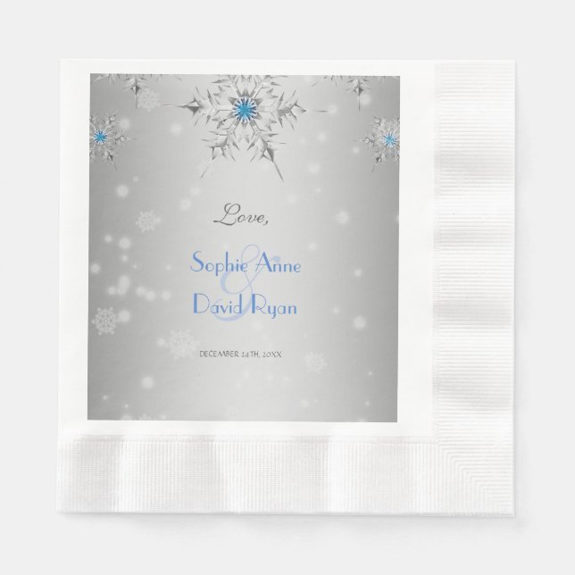 Silver Snowflakes Crystals Silver Pearls Wedding Paper Napkins (Front)