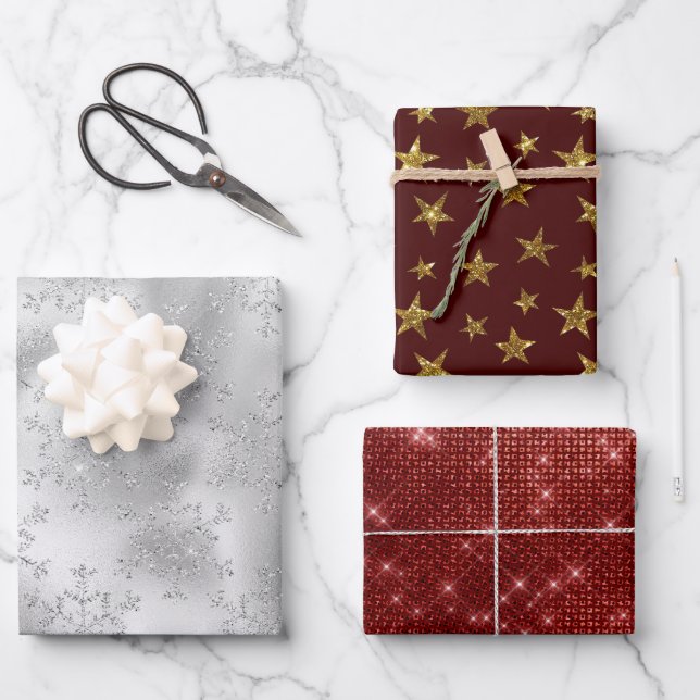 Silver Snowflakes Gold Stars Red Christmas Wrapping Paper Sheets (Front)