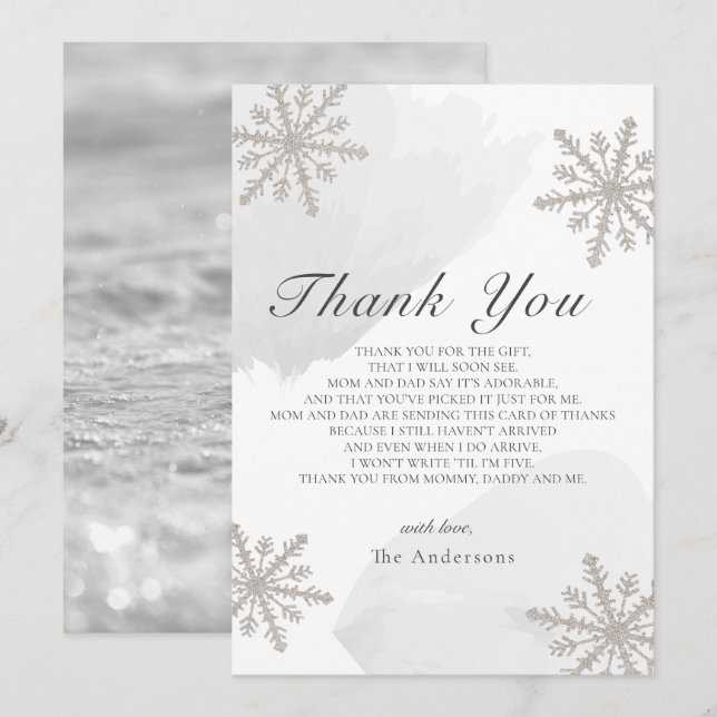 Silver Snowflakes Gray Baby Shower Thank You Card (Front/Back)