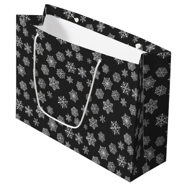 Silver snowflakes on a black background large gift bag (Front Angled)