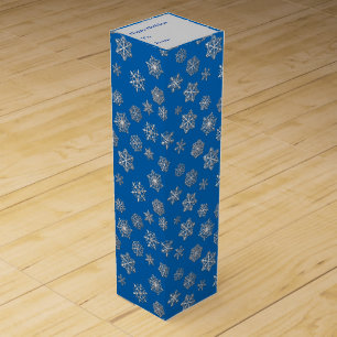 Silver snowflakes on a cobalt blue background wine gift box