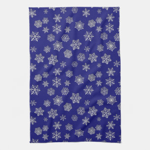 Silver snowflakes on a dark blue background kitchen towel