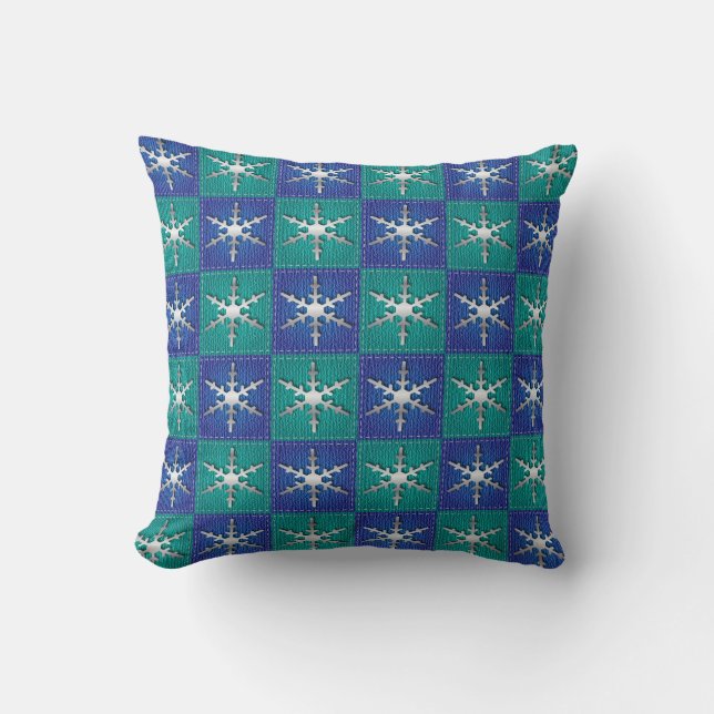Silver Snowflakes on Blue Squares | Christmas Throw Pillow (Front)