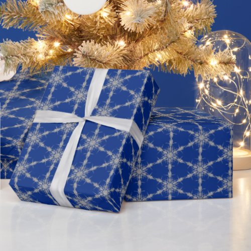 Silver Snowflakes On Blue Wrapping Paper