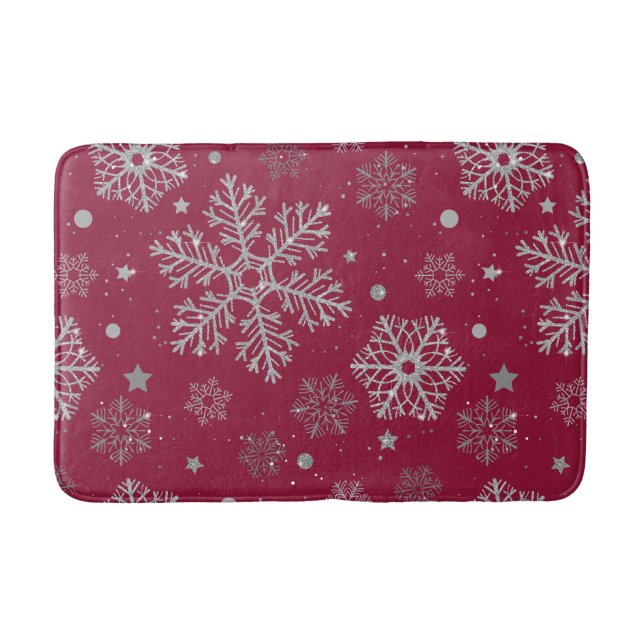 Silver snowflakes on dark red bath mat (Front)