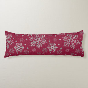 Silver snowflakes on dark red body pillow