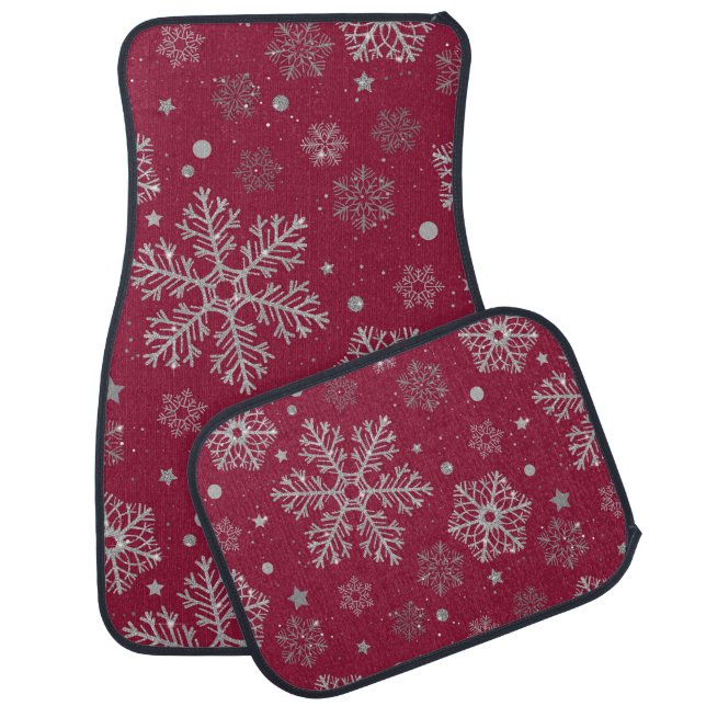 Silver snowflakes on dark red car floor mat (Set)