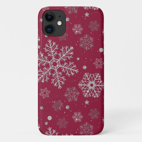 Silver snowflakes on dark red iPhone 11 case