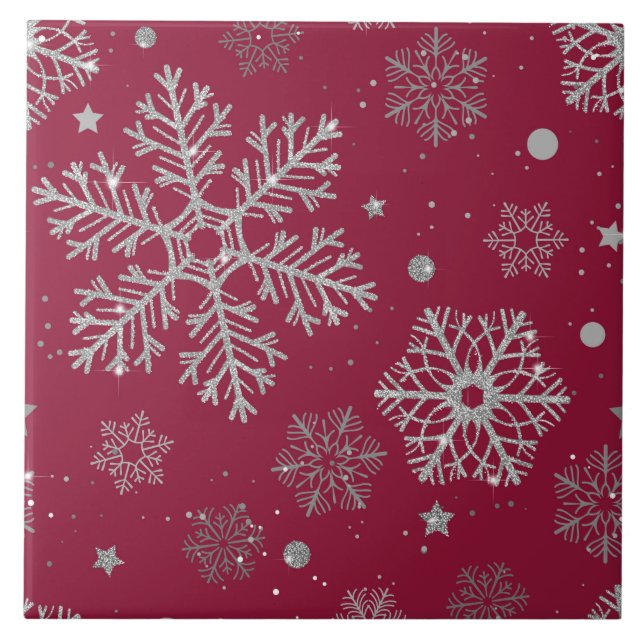 Silver snowflakes on dark red ceramic tile (Front)