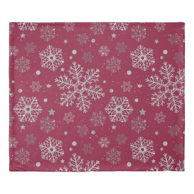 Silver snowflakes on dark red duvet cover (Front)