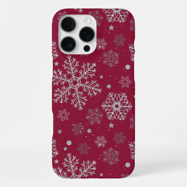 Silver snowflakes on dark red iPhone case (Back)