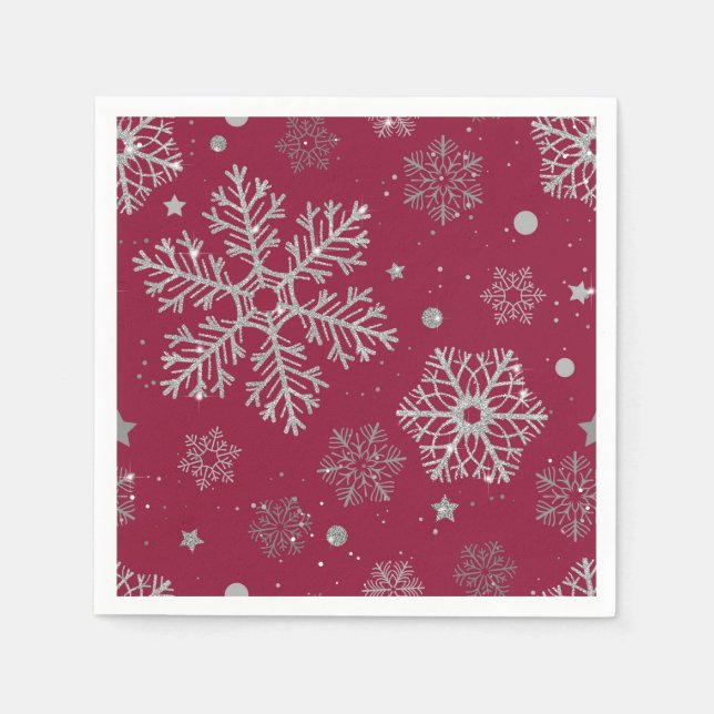 Silver snowflakes on dark red napkins (Front)