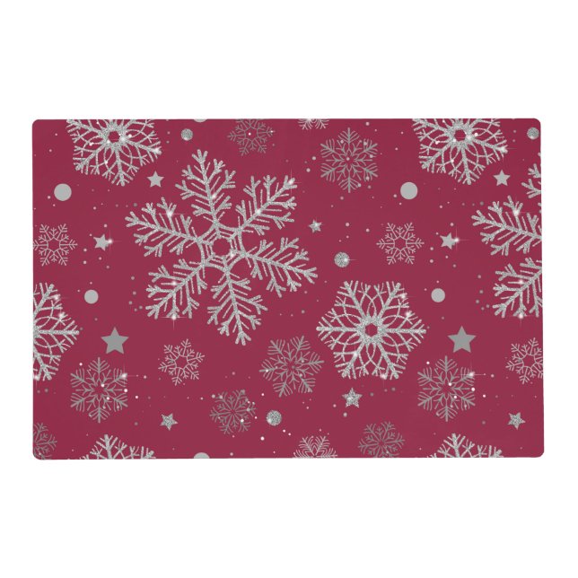 Silver snowflakes on dark red placemat (Front)
