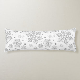 Silver snowflakes on white body pillow