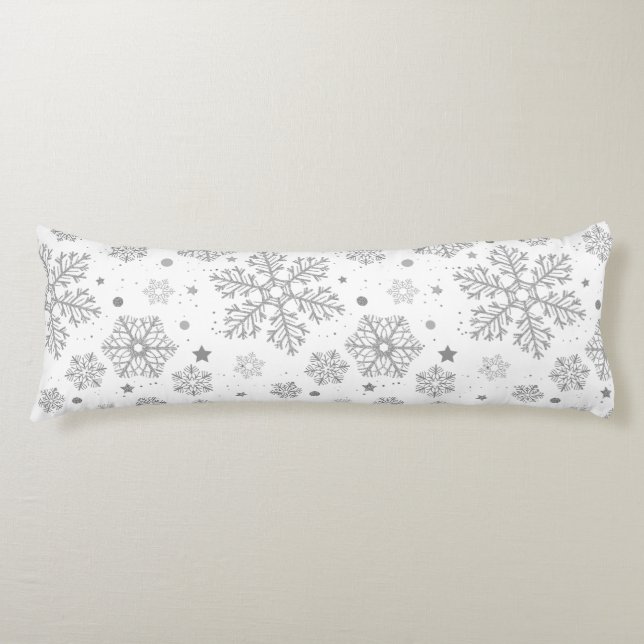 Silver snowflakes on white body pillow (Front)