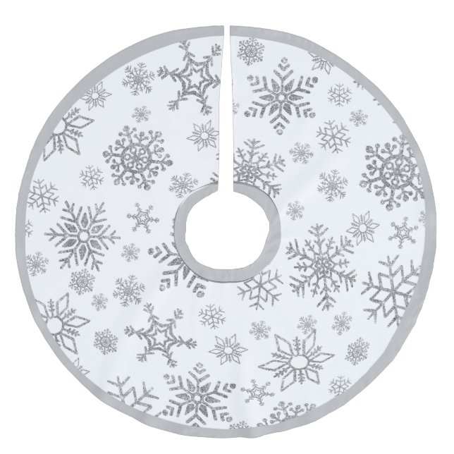 Silver Snowflakes on White Christmas Brushed Polyester Tree Skirt (Front)