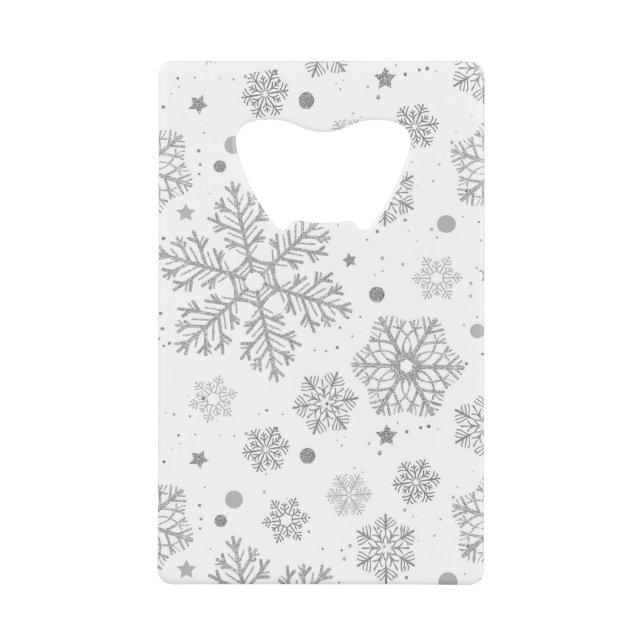 Silver snowflakes on white credit card bottle opener (Front)