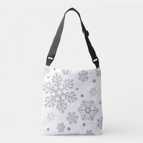 Silver snowflakes on white crossbody bag