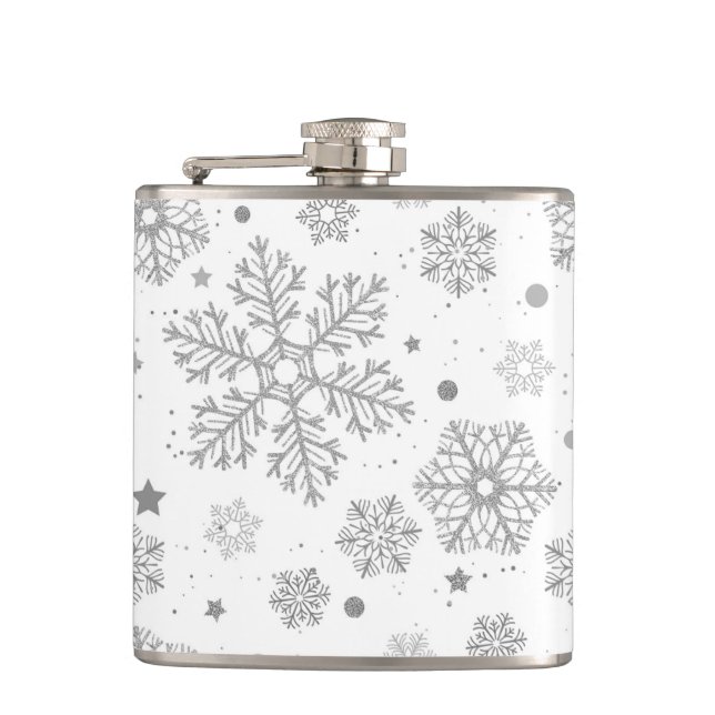 Silver snowflakes on white flask (Front)