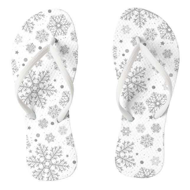 Silver snowflakes on white flip flops (Footbed)