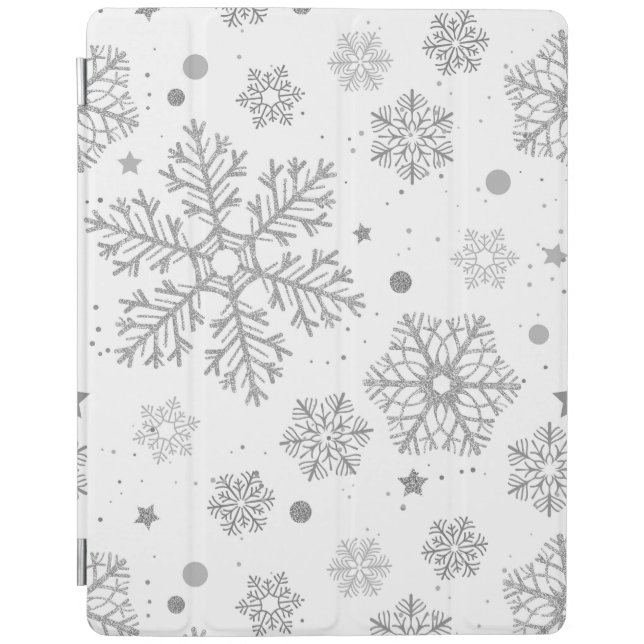 Silver snowflakes on white iPad smart cover (Front)
