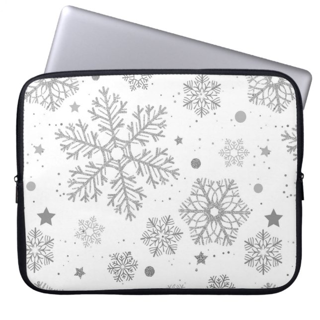 Silver snowflakes on white laptop sleeve (Front)