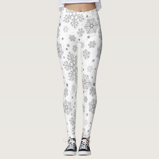 Silver snowflakes on white leggings (Front)