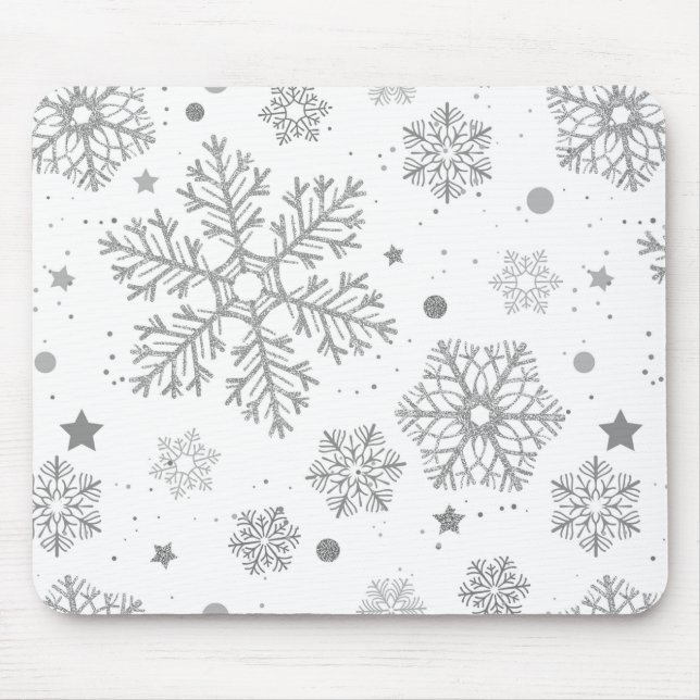 Silver snowflakes on white mouse pad (Front)