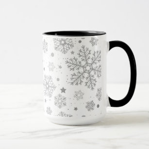 Silver snowflakes on white mug
