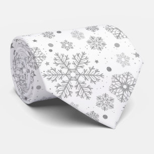 Silver snowflakes on white neck tie
