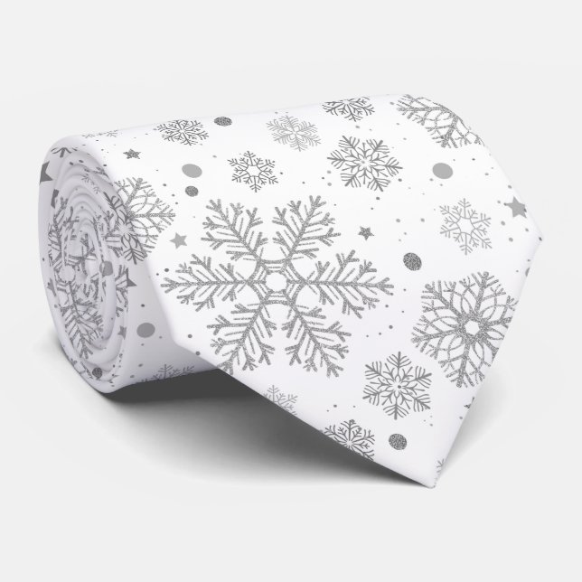 Silver snowflakes on white neck tie (Rolled)