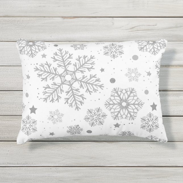 Silver snowflakes on white outdoor pillow (Front)