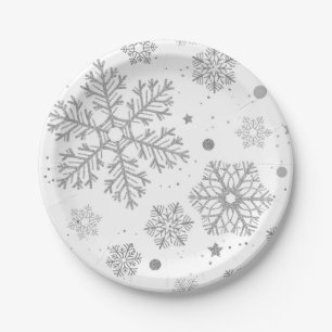 Silver snowflakes on white paper plates