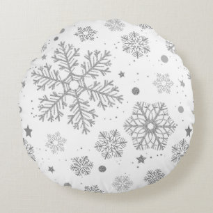 Silver snowflakes on white round pillow