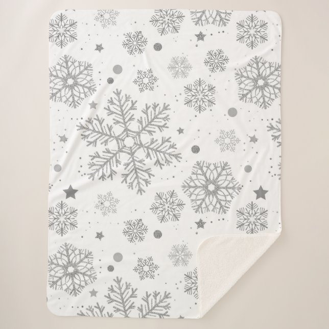 Silver snowflakes on white sherpa blanket (Front)