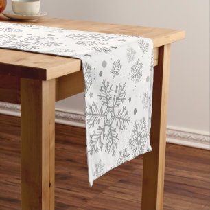 Silver snowflakes on white short table runner