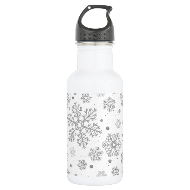 Silver snowflakes on white stainless steel water bottle (Front)