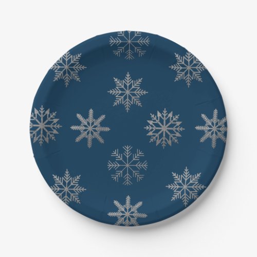 Silver Snowflakes Pattern Blue Paper Plate