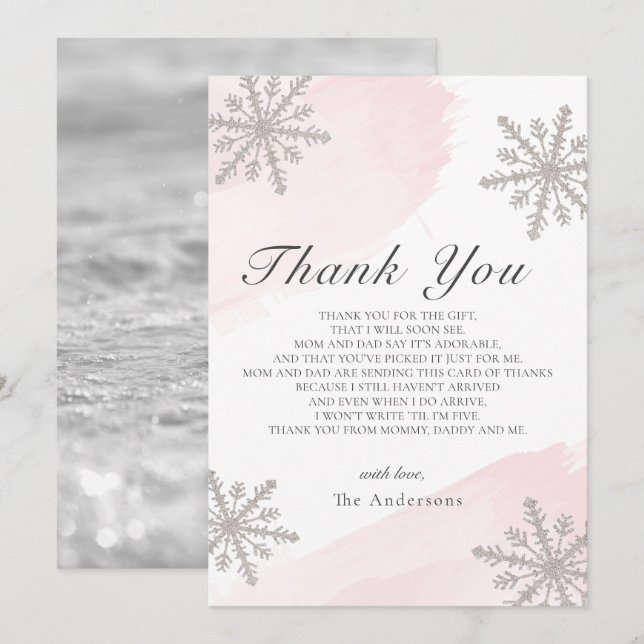 Silver Snowflakes Pink Baby Shower Thank You Card (Front/Back)
