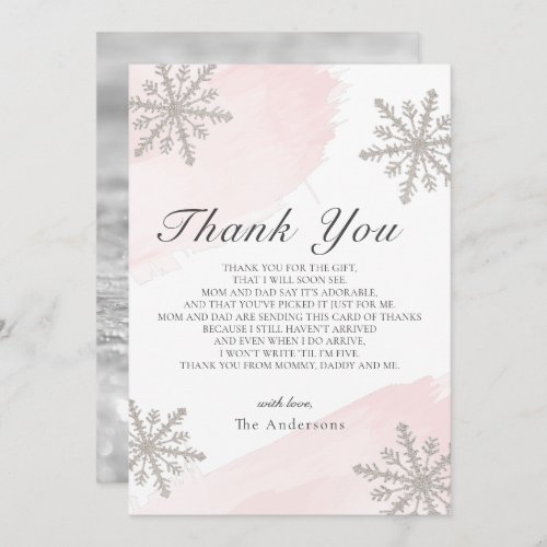 Silver Snowflakes Pink Baby Shower Thank You Card