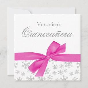 Silver Snowflakes Pink Bow Quinceanera Invitations