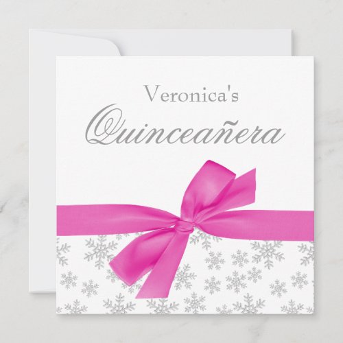 Silver Snowflakes Pink Bow Quinceanera Invitations