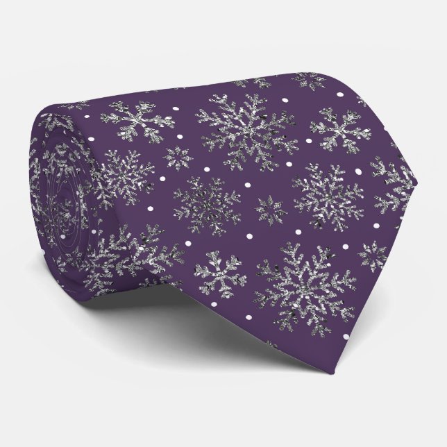 Silver Snowflakes Purple Pattern Neck Tie (Rolled)