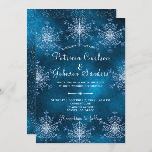 Silver snowflakes rustic navy blue winter wedding invitation
