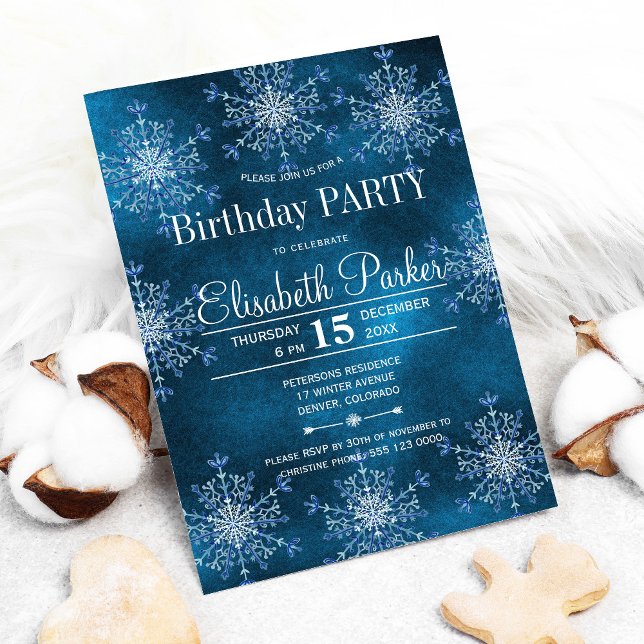 Silver snowflakes rustic winter birthday party invitation (Creator Uploaded)