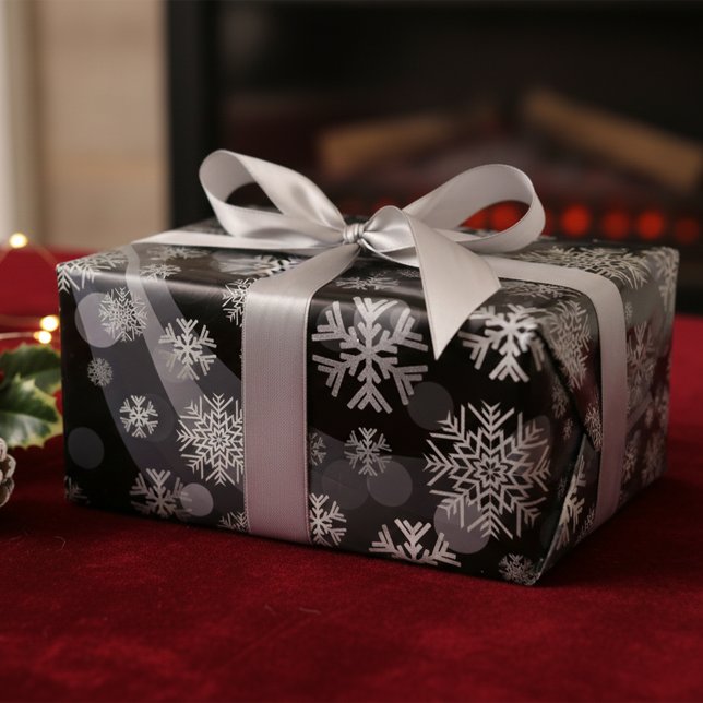 Silver Snowflakes Sparkles And Lights On Black Wrapping Paper Sheets (Creator Uploaded)