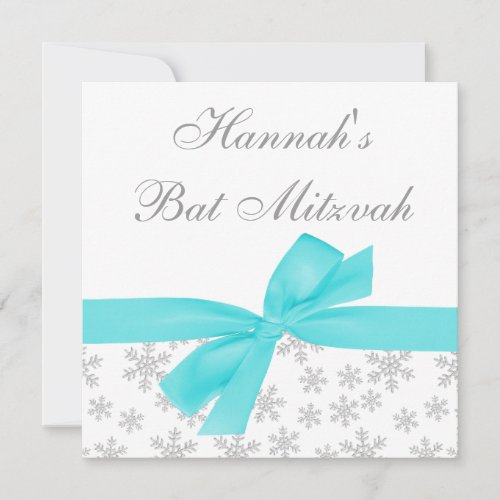 Silver Snowflakes Teal Bow Bat Mitzvah Announcements