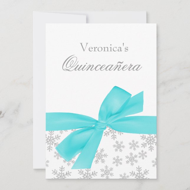 Silver Snowflakes Teal Bow Quinceanera Invitations (Front)