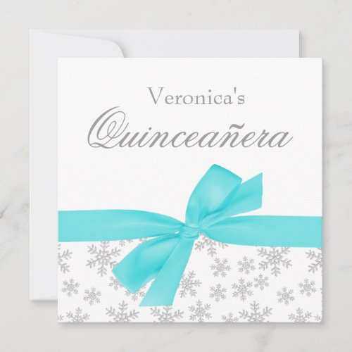 Silver Snowflakes Teal Bow Quinceanera Invitations