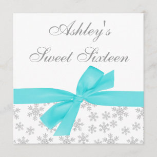 Silver Snowflakes Teal Bow Sweet 16 Invitations
